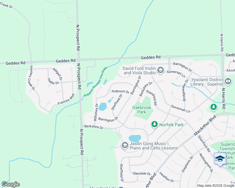 map of restaurants, bars, coffee shops, grocery stores, and more near 2091 Sheffield Drive in Superior Charter Township
