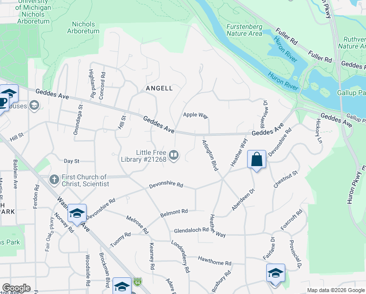 map of restaurants, bars, coffee shops, grocery stores, and more near 2680 Geddes Avenue in Ann Arbor