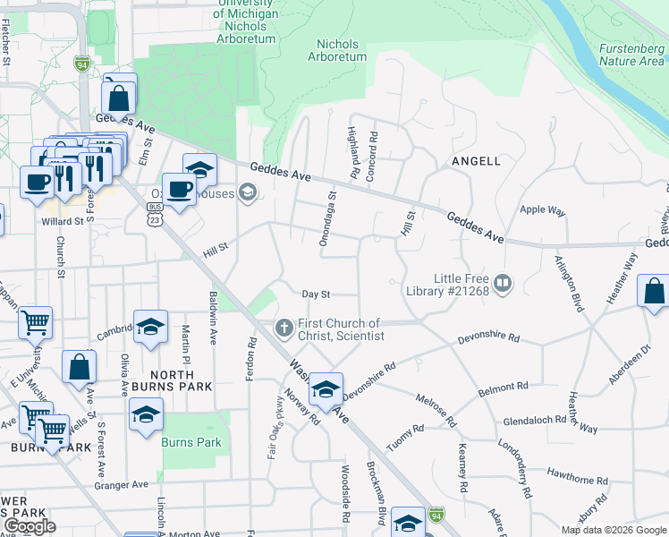 map of restaurants, bars, coffee shops, grocery stores, and more near 2063 Day Street in Ann Arbor