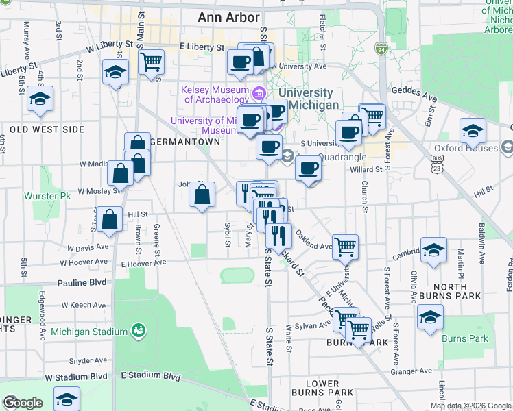 map of restaurants, bars, coffee shops, grocery stores, and more near in Ann Arbor
