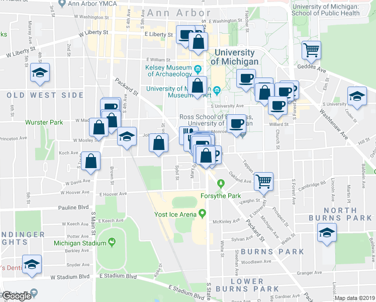 map of restaurants, bars, coffee shops, grocery stores, and more near in Ann Arbor