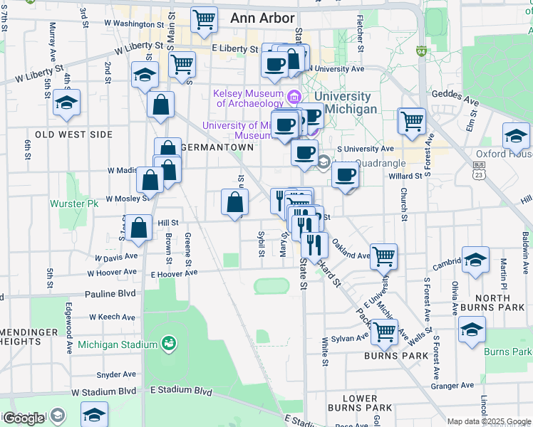 map of restaurants, bars, coffee shops, grocery stores, and more near 424 Hill Street in Ann Arbor