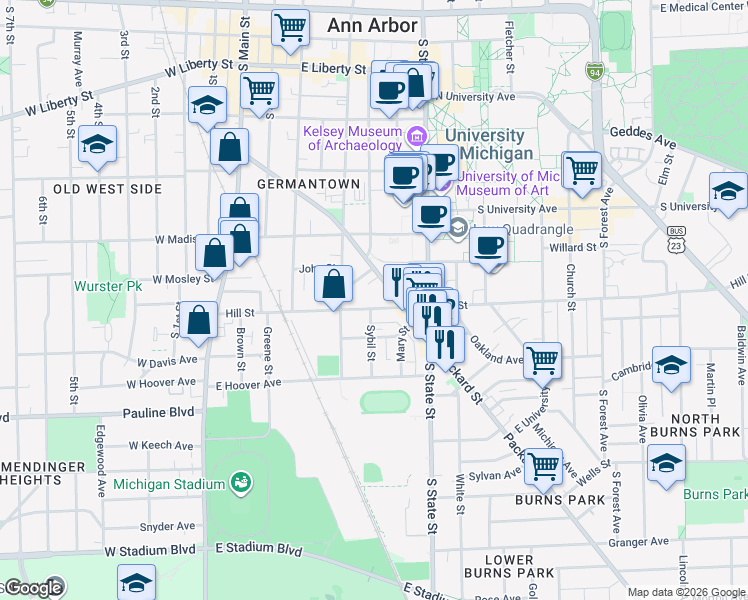 map of restaurants, bars, coffee shops, grocery stores, and more near 424 Hill Street in Ann Arbor