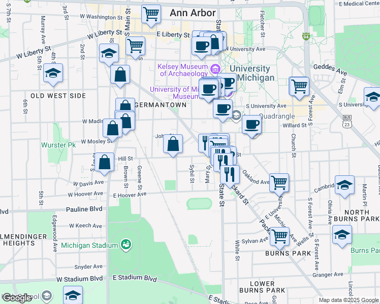 map of restaurants, bars, coffee shops, grocery stores, and more near 424 Hill Street in Ann Arbor