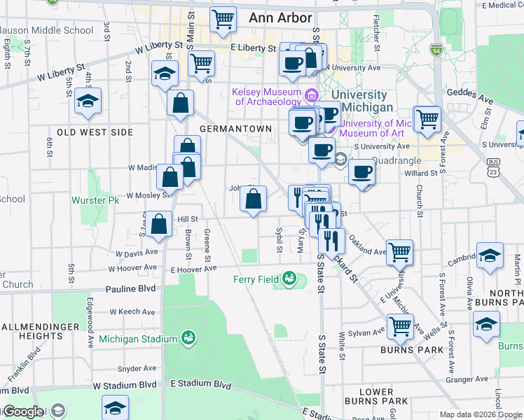 map of restaurants, bars, coffee shops, grocery stores, and more near 424 Hill Street in Ann Arbor