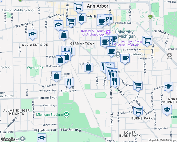 map of restaurants, bars, coffee shops, grocery stores, and more near in Ann Arbor