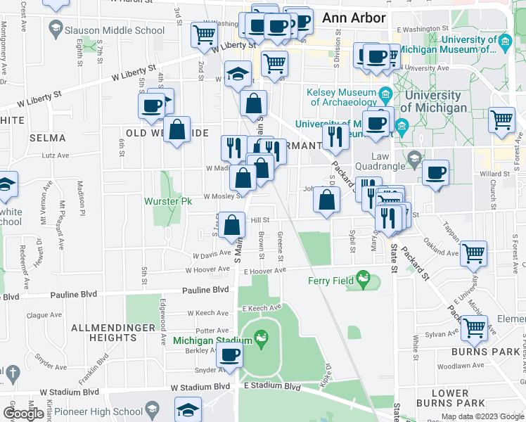 map of restaurants, bars, coffee shops, grocery stores, and more near 140 Hill Street in Ann Arbor