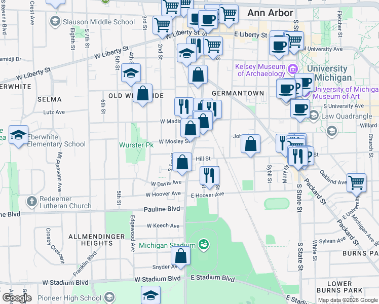 map of restaurants, bars, coffee shops, grocery stores, and more near 801 South Main Street in Ann Arbor
