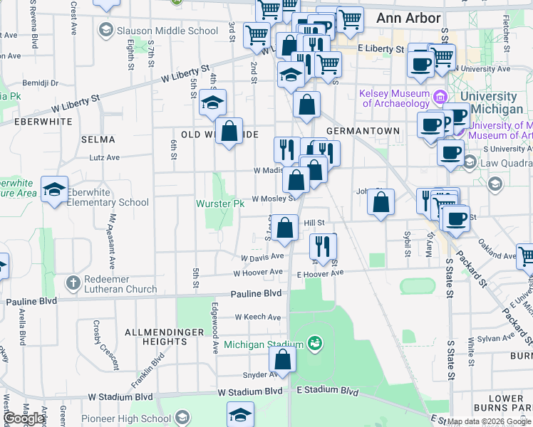 map of restaurants, bars, coffee shops, grocery stores, and more near 815 South 1st Street in Ann Arbor