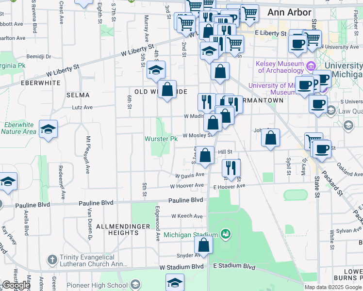 map of restaurants, bars, coffee shops, grocery stores, and more near 406 Nob Hill Court in Ann Arbor