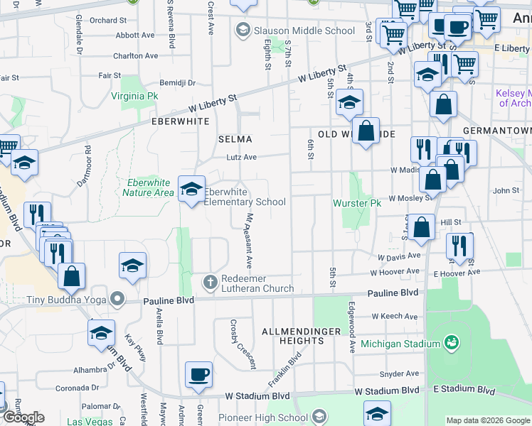 map of restaurants, bars, coffee shops, grocery stores, and more near 726 Madison Place in Ann Arbor
