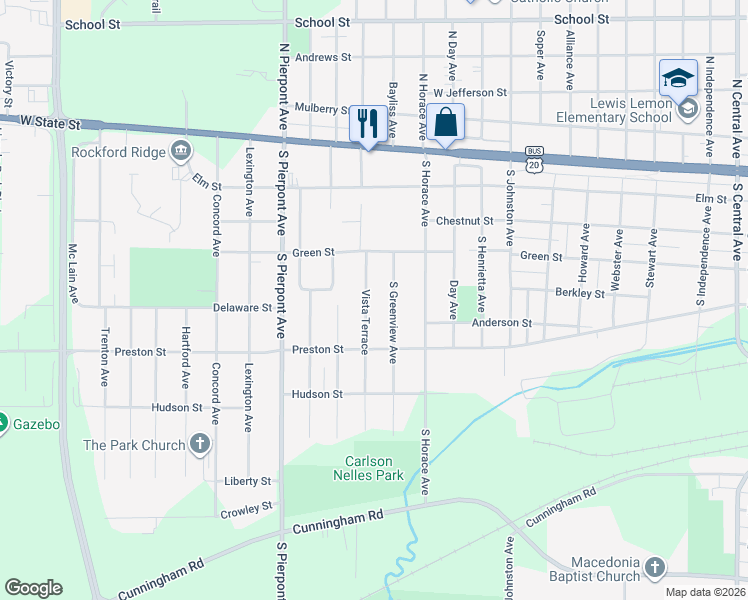 map of restaurants, bars, coffee shops, grocery stores, and more near 530 Vista Terrace in Rockford