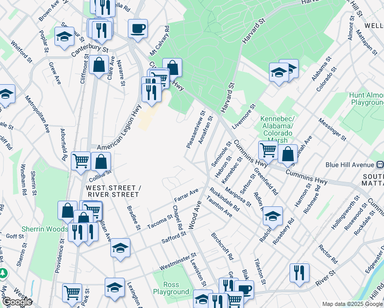 map of restaurants, bars, coffee shops, grocery stores, and more near 110X Roanoke Road in Boston