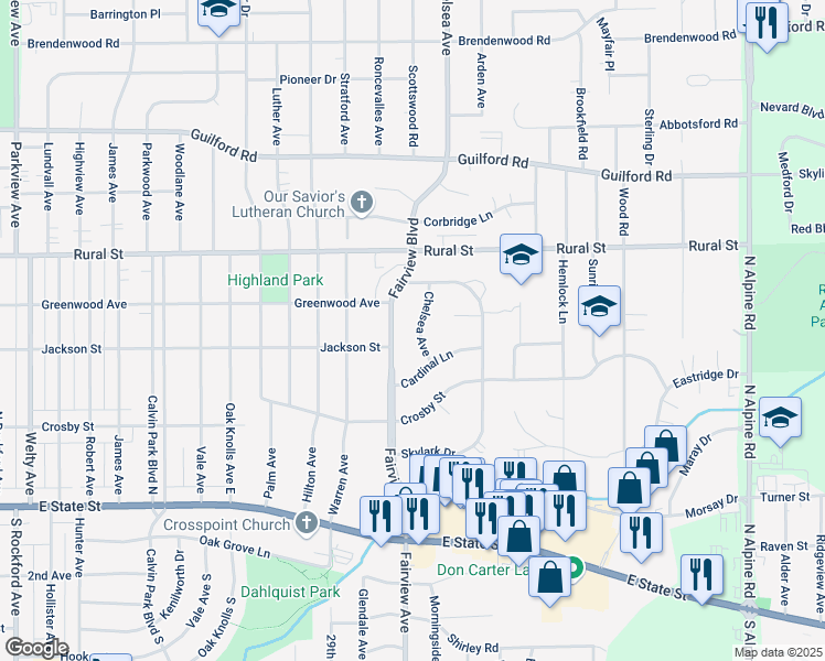 map of restaurants, bars, coffee shops, grocery stores, and more near 3604 Cardinal Lane in Rockford