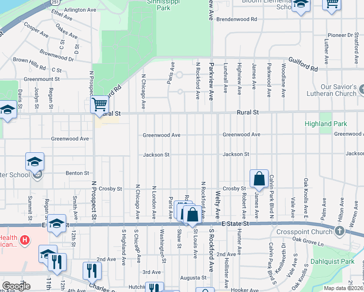 map of restaurants, bars, coffee shops, grocery stores, and more near 431 Rome Avenue in Rockford
