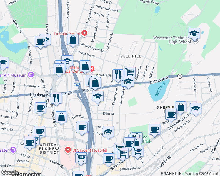 map of restaurants, bars, coffee shops, grocery stores, and more near 138 Belmont Street in Worcester