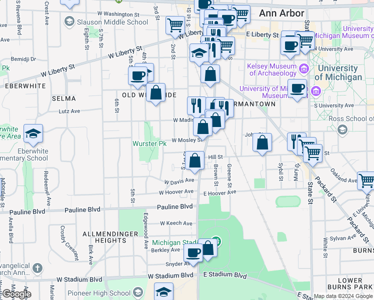 map of restaurants, bars, coffee shops, grocery stores, and more near 214 Koch Avenue in Ann Arbor