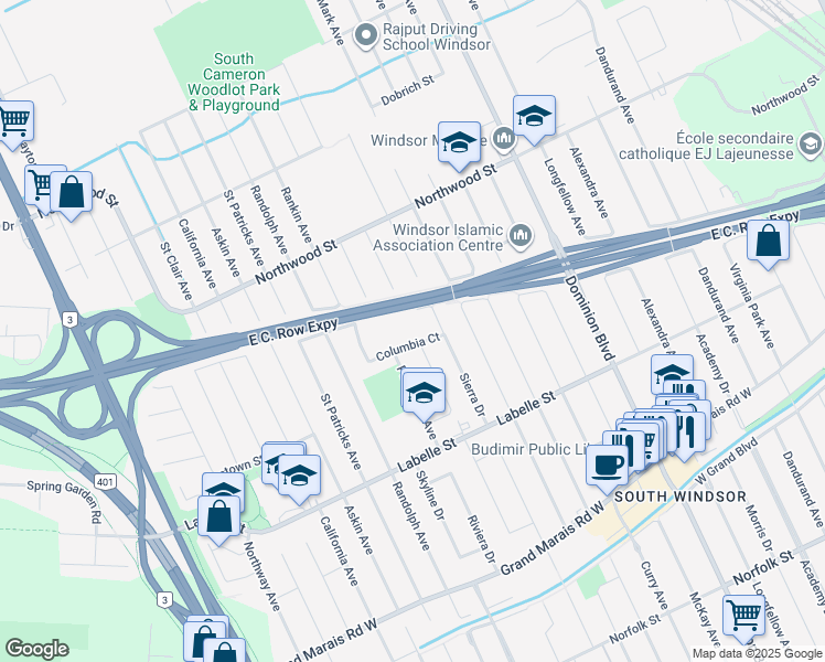 map of restaurants, bars, coffee shops, grocery stores, and more near 1800 Columbia Court in Windsor