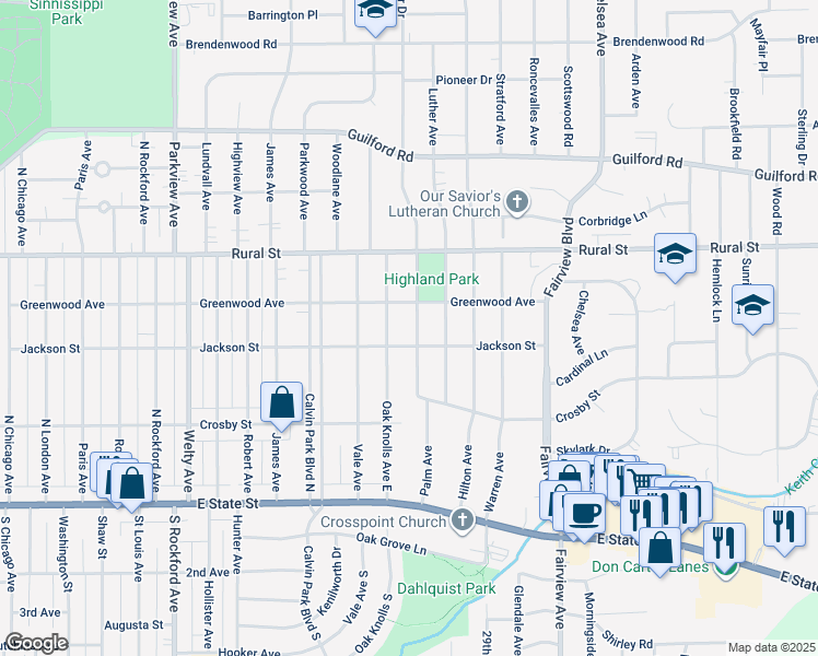 map of restaurants, bars, coffee shops, grocery stores, and more near 429 Oak Knolls Avenue East in Rockford