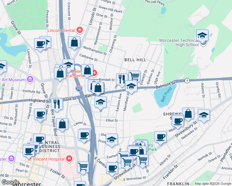 map of restaurants, bars, coffee shops, grocery stores, and more near 142 Belmont Street in Worcester