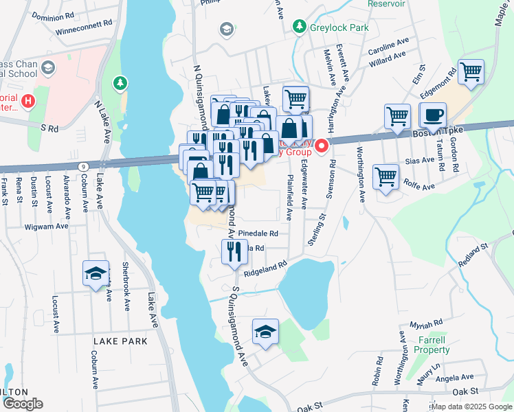map of restaurants, bars, coffee shops, grocery stores, and more near 37 South Quinsigamond Avenue in Shrewsbury