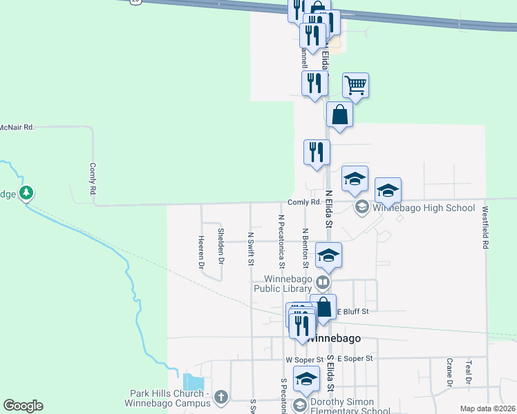 map of restaurants, bars, coffee shops, grocery stores, and more near 405 North Swift Street in Winnebago