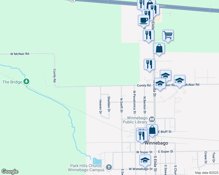 map of restaurants, bars, coffee shops, grocery stores, and more near 413 Shelden Drive in Winnebago