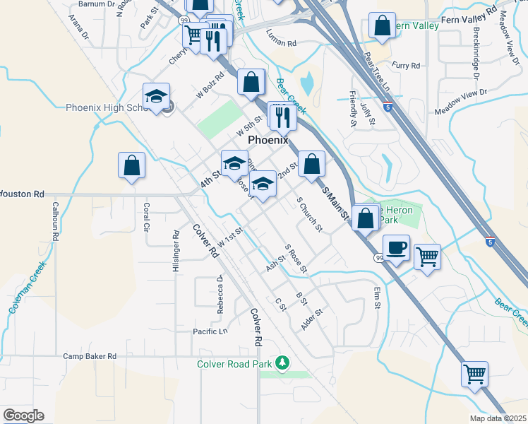 map of restaurants, bars, coffee shops, grocery stores, and more near 215 North Rose Street in Phoenix