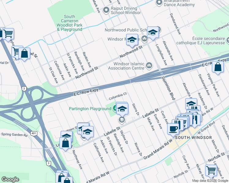 map of restaurants, bars, coffee shops, grocery stores, and more near 1800 Columbia Court in Windsor