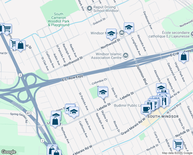 map of restaurants, bars, coffee shops, grocery stores, and more near 1850 Columbia Court in Windsor