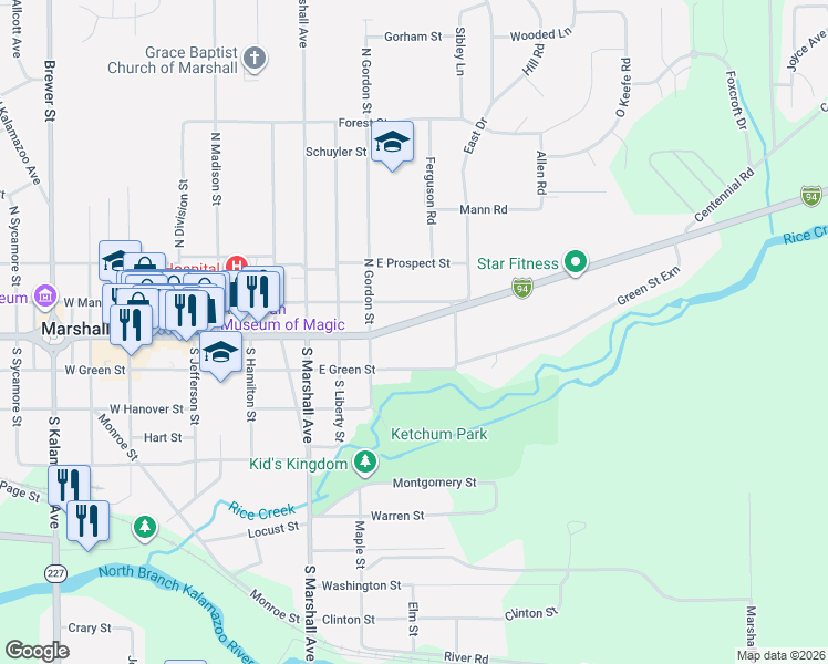 map of restaurants, bars, coffee shops, grocery stores, and more near 745 East Green Street in Marshall