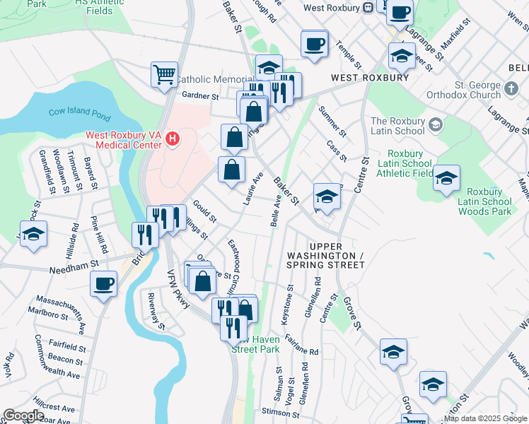 map of restaurants, bars, coffee shops, grocery stores, and more near 55 Belle Avenue in Boston