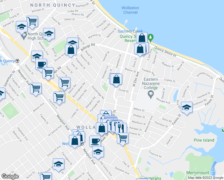 map of restaurants, bars, coffee shops, grocery stores, and more near 114 Beach Street in Quincy