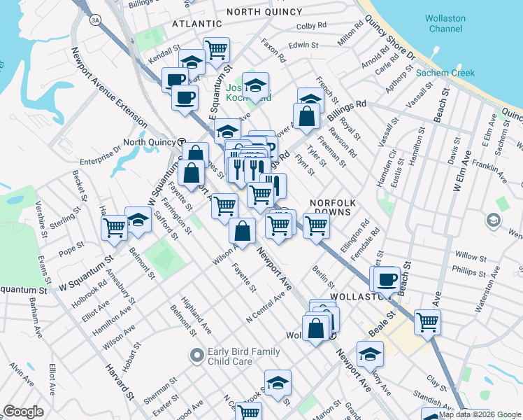 map of restaurants, bars, coffee shops, grocery stores, and more near 117-119 Holmes Street in Quincy