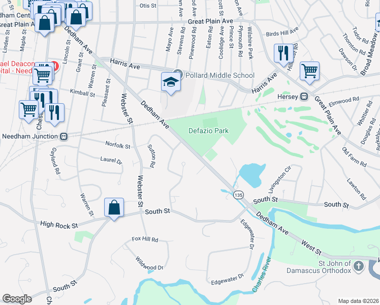 map of restaurants, bars, coffee shops, grocery stores, and more near 397 Dedham Avenue in Needham