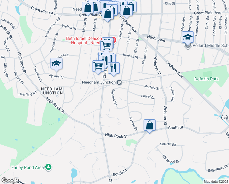 map of restaurants, bars, coffee shops, grocery stores, and more near 76 Gayland Road in Needham