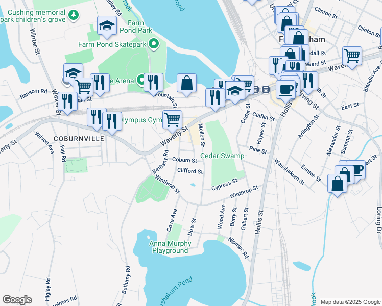 map of restaurants, bars, coffee shops, grocery stores, and more near 51 Mellen Street in Framingham
