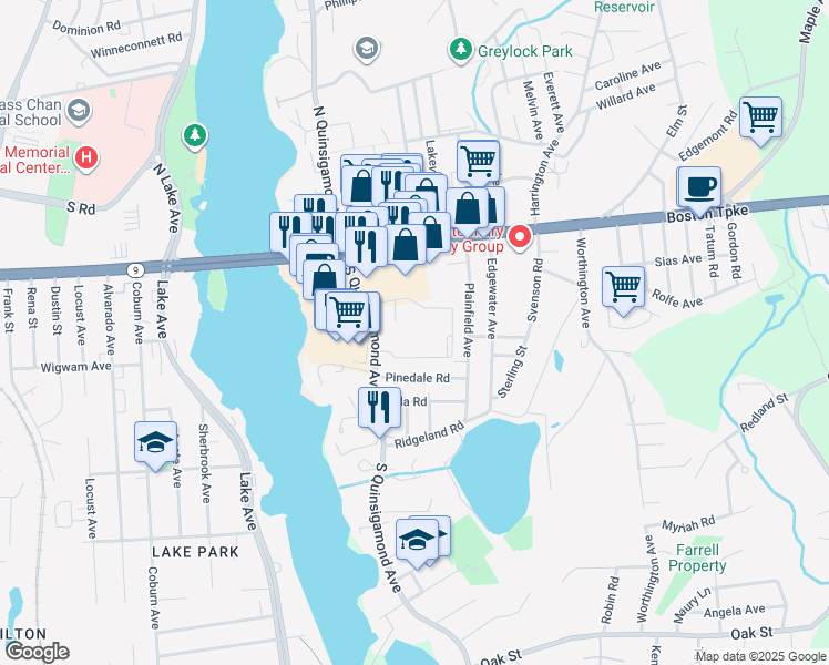 map of restaurants, bars, coffee shops, grocery stores, and more near 37 South Quinsigamond Avenue in Shrewsbury