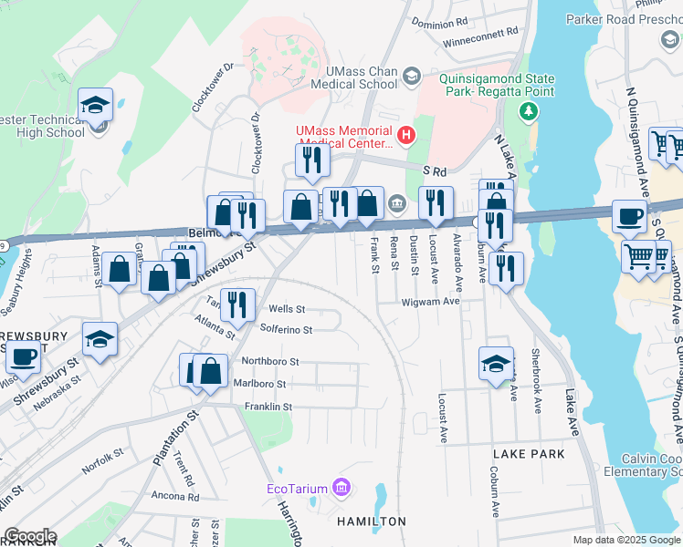 map of restaurants, bars, coffee shops, grocery stores, and more near 31 Carver Street in Worcester