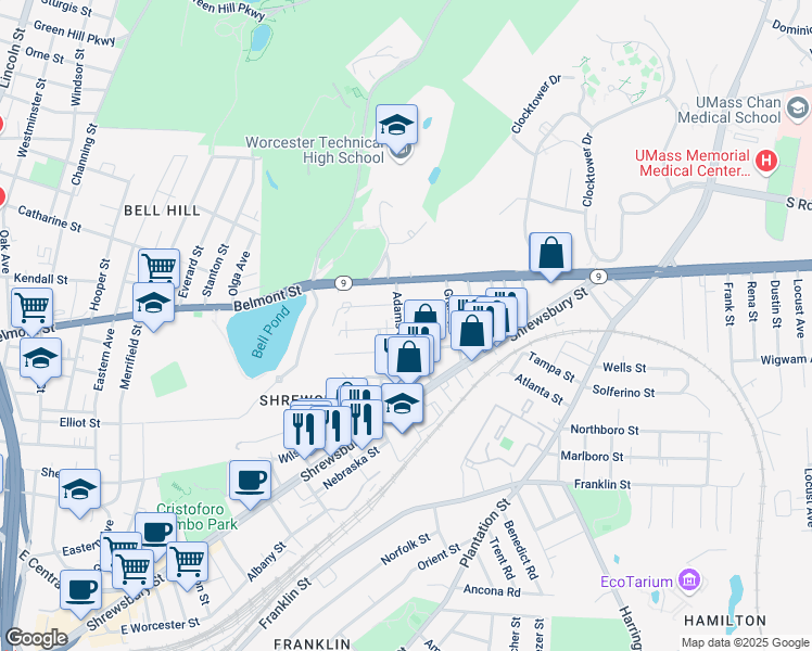map of restaurants, bars, coffee shops, grocery stores, and more near 25 Adams Street in Worcester