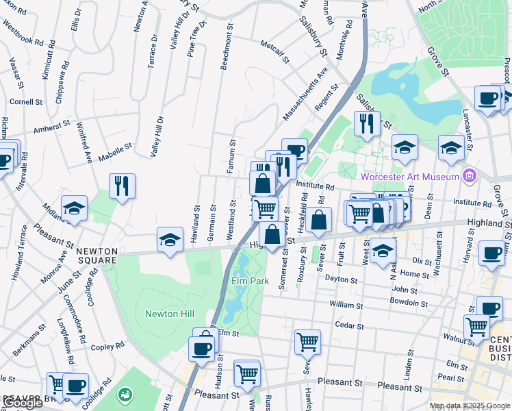 map of restaurants, bars, coffee shops, grocery stores, and more near 210 Park Avenue in Worcester