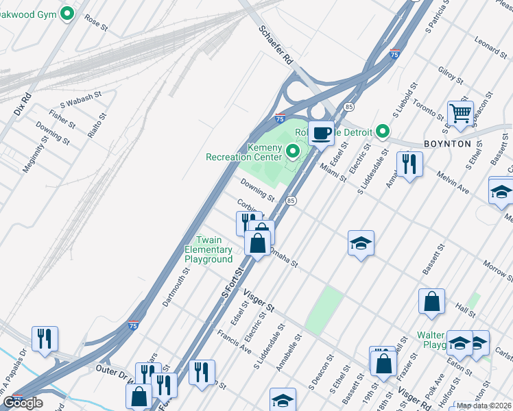 map of restaurants, bars, coffee shops, grocery stores, and more near 12747 Corbin Street in Detroit