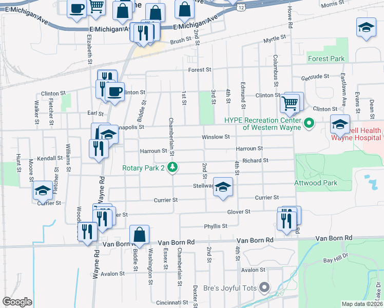 map of restaurants, bars, coffee shops, grocery stores, and more near 34809 Richard Street in Wayne