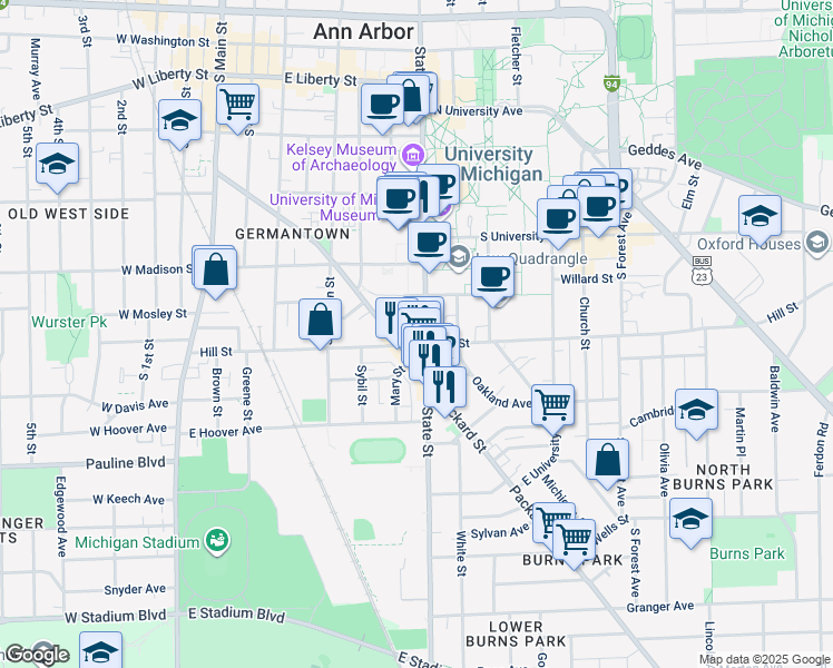 map of restaurants, bars, coffee shops, grocery stores, and more near 819 South State Street in Ann Arbor