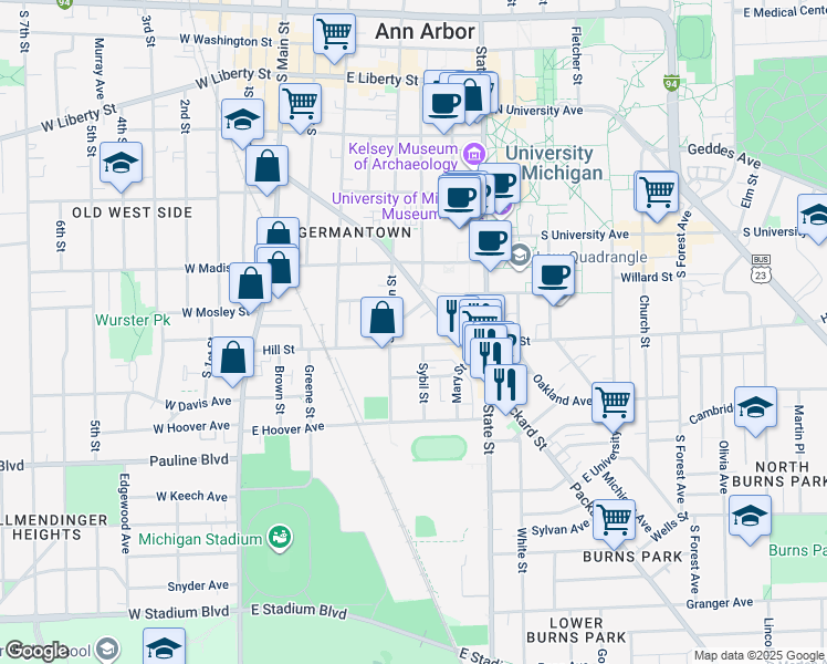 map of restaurants, bars, coffee shops, grocery stores, and more near 424 Hill Street in Ann Arbor