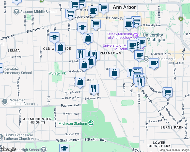 map of restaurants, bars, coffee shops, grocery stores, and more near 140 Hill Street in Ann Arbor