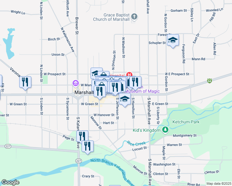 map of restaurants, bars, coffee shops, grocery stores, and more near 105 East Green Street in Marshall