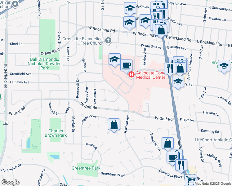 map of restaurants, bars, coffee shops, grocery stores, and more near 817 Garfield Avenue in Libertyville