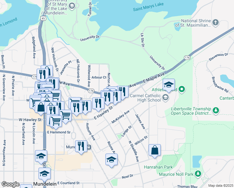 map of restaurants, bars, coffee shops, grocery stores, and more near in Mundelein