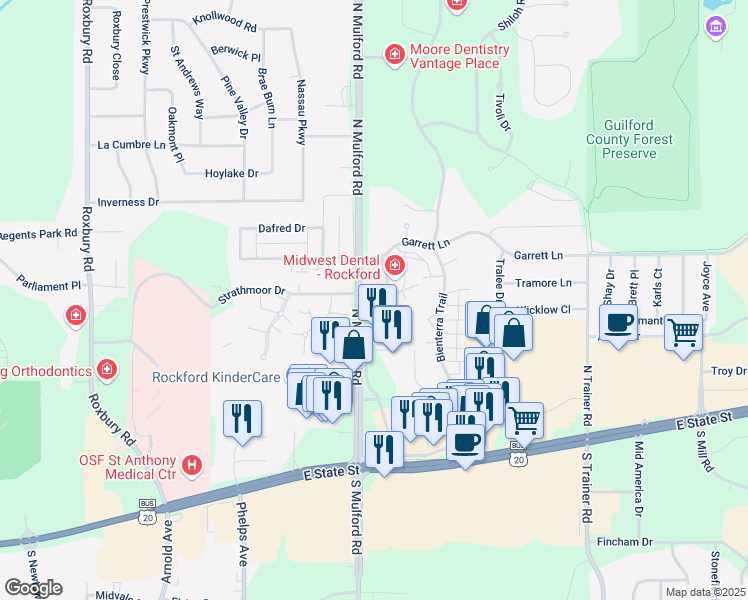 map of restaurants, bars, coffee shops, grocery stores, and more near 419 North Mulford Road in Rockford